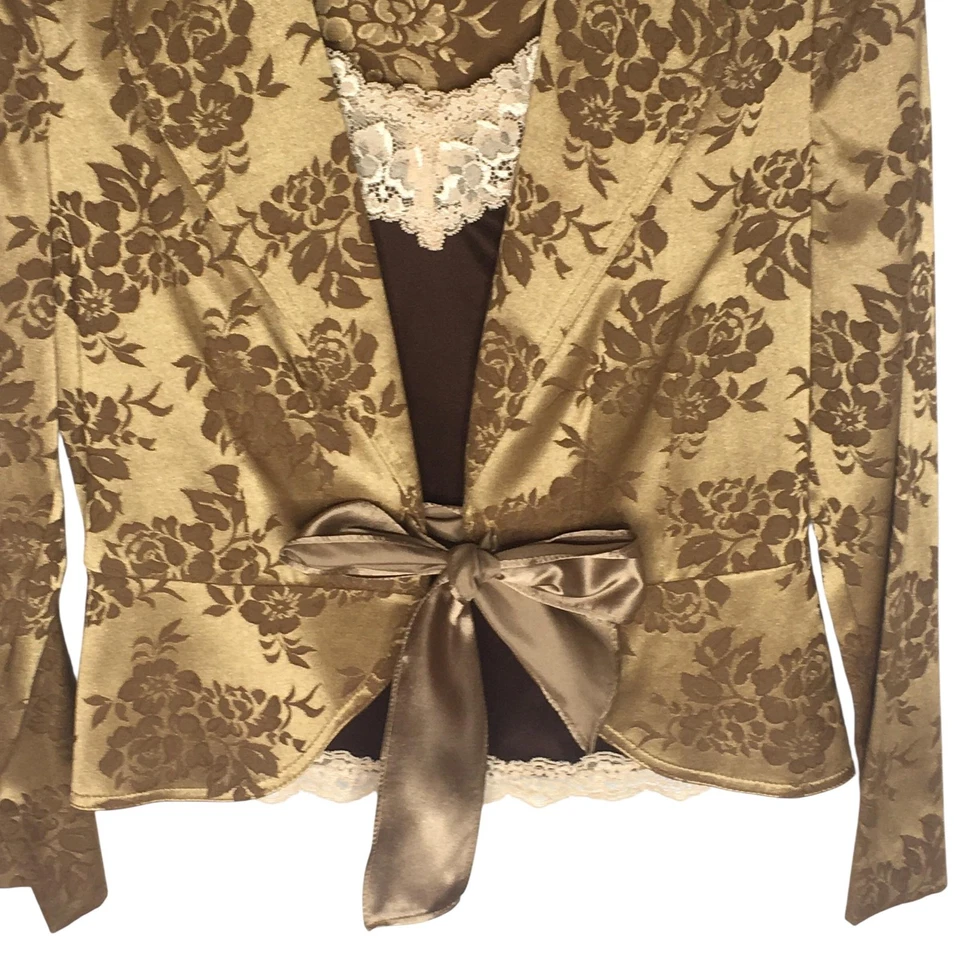 Chaqueta Blazer A. Byer Mujer Mediana Dorada Marrón Floral Jacquard Satén Corbata Cintura Foto 4 de 4