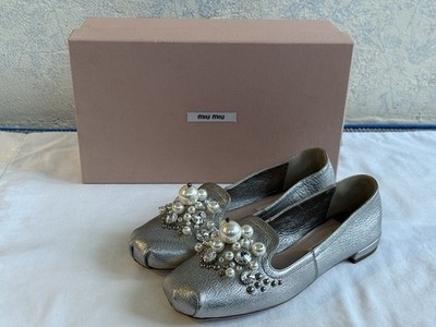 NEW Miu Miu 36.5 Silver Metallic Pearl Crystal Loafers Flats