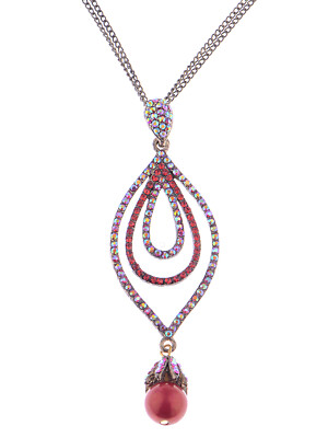 Ruby Red Crystal Rhinestone Cranberry Peacock Feather Tear Drop Pendant Necklace