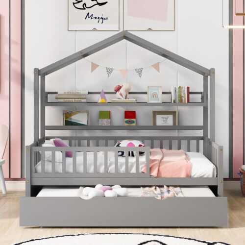 Wooden Twin Size House Bed with Trundle and Storage, Kids Bed with Shelf, Gray - Picture 2 of 15