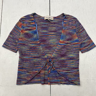 Sweet Republic Multicolor Ribbed Short Sleeve Tie Front Top Womens Junior Size S