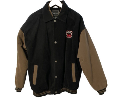 Route 66 Black Brown Varsity Bomber Jacket Souvenir Full Zip Mens XL Passion EUC