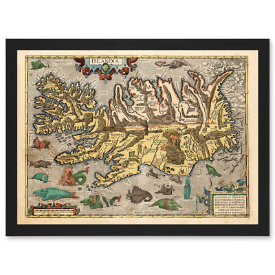 Karte Ortelius 1585 Island Islandia Seeungeheuer Bild gerahmt A3 Kunstdruck