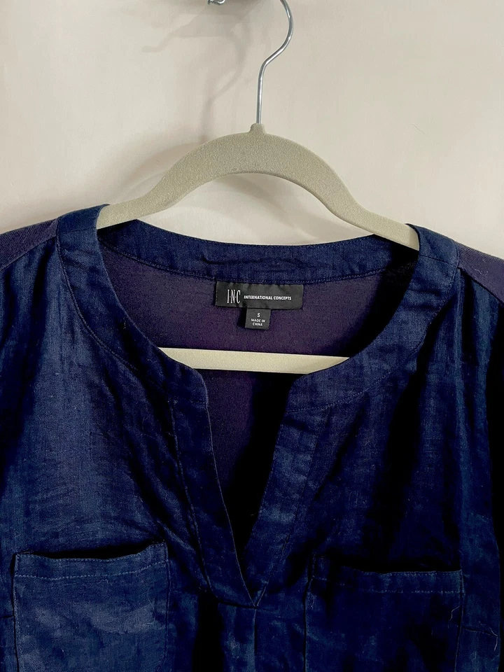 INS Internacional Concepts Blouse Navy Blue Ruffle Sleeve 100% Linen Back Rayon  - Image 2 of 4