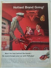 1961 Conoco gasoline gas pump attendant boy girl red convertible car ad