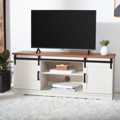 SAFAVIEH Braelynn 2-Shelf 2-Door Media Stand | White Washed / Walnut |