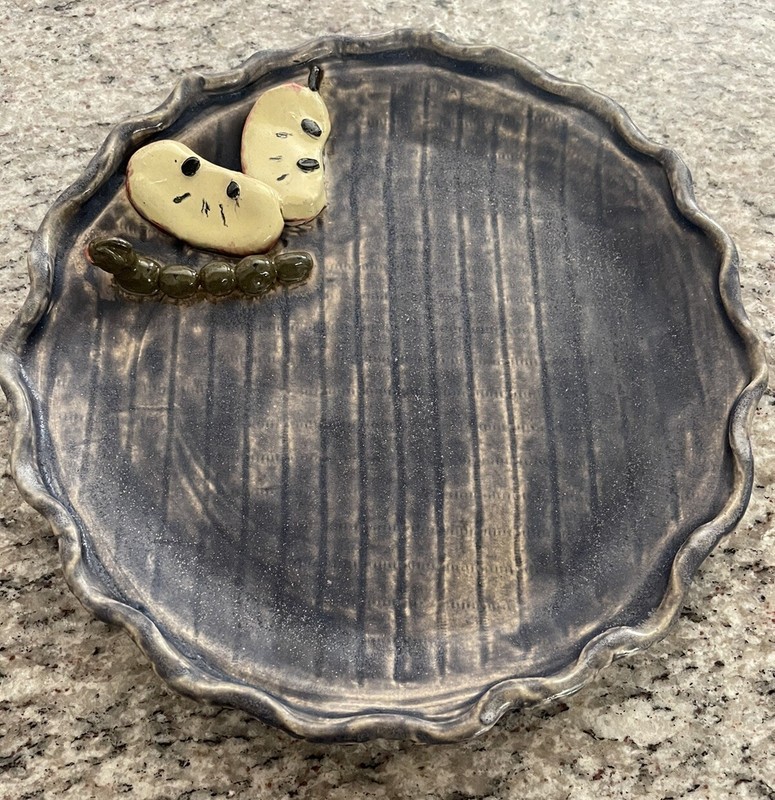 Hand Made Serving Plate With Apples And Caterpillar