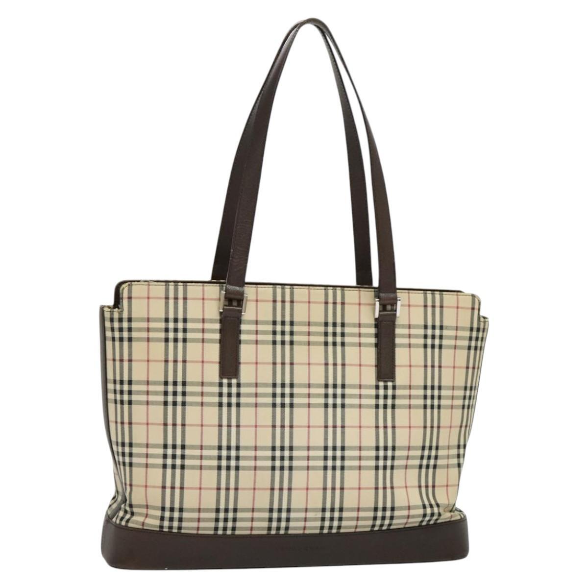 BURBERRY 刺繍 キャンバス Check トートバッグ BURBERRY Nova Check Tote Bag Canvas Beige Silver Auth KD427