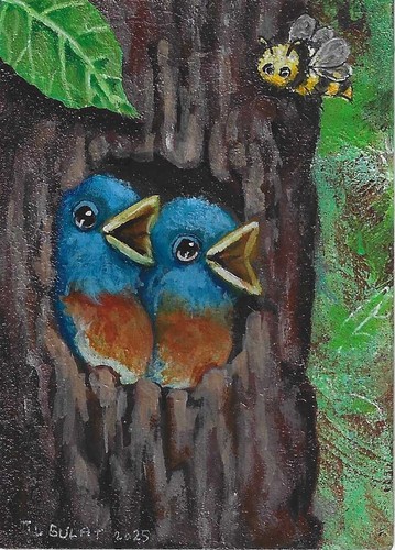 NFAC ACEO Original Acrylic Painting Baby Blue Birds Bee Tree Gulat