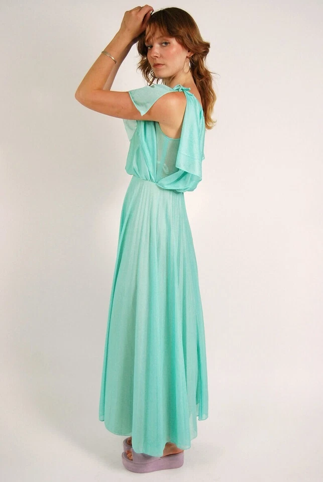 70s Aquamarine Dress (XS) vintage layered empire waist flowy maxi party bias cut - Image 2 of 4