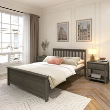 Solid Wood Full Bed Frame, Platform Bed with Headboard, Clay