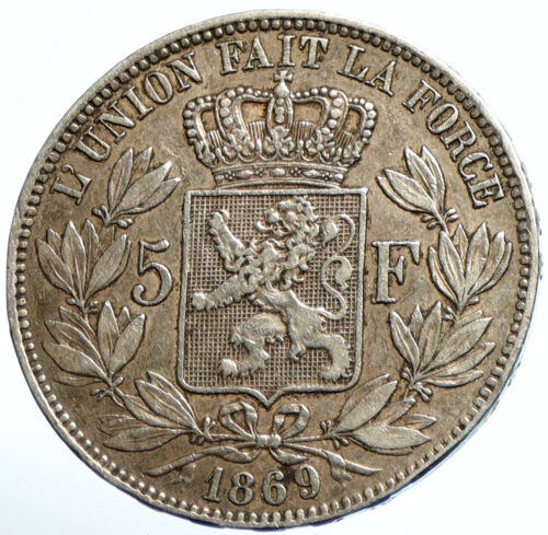 1869 BELGIQUE avec Roi Léopold II et LION Antique Argent Pièce de 5 Francs i102898 - Photo 1 sur 3