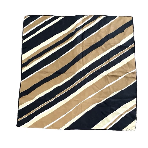 Vintage ECHO Scarf Womens Gold Black Brown Striped Square 100% Silk 23" x 23"