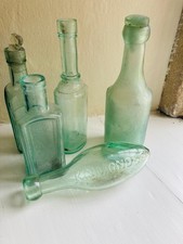 Antique Aqua Glass Bottle Job Lot x5 Victorian Edwardian incl Torpedo & Camp Cof