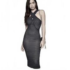 Vintage BEBE Diana Rib Knit Bodycon Twist Front Midi Dress S