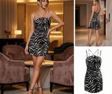 Zara Dress Womens XS Zebra Print Satin Strappy Criss Cross Back Mini Black White