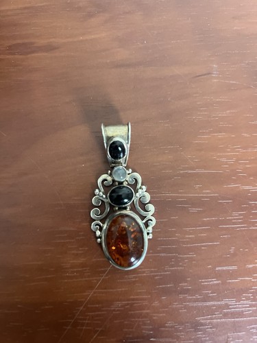 Suarti Bali 925 BA Indonesia Sterling Silver Amber Onyx and Moonstone Pendant - Picture 4 of 5