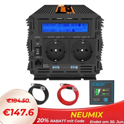 EDECOA Wechselrichter 24v auf 230v Reiner Sinus Spannungswandler 24V USB LCD