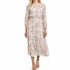 NWT Eliza J Floral Midi Dress Pink Long Sleeve Smocked Waist Tiered Skirt 12