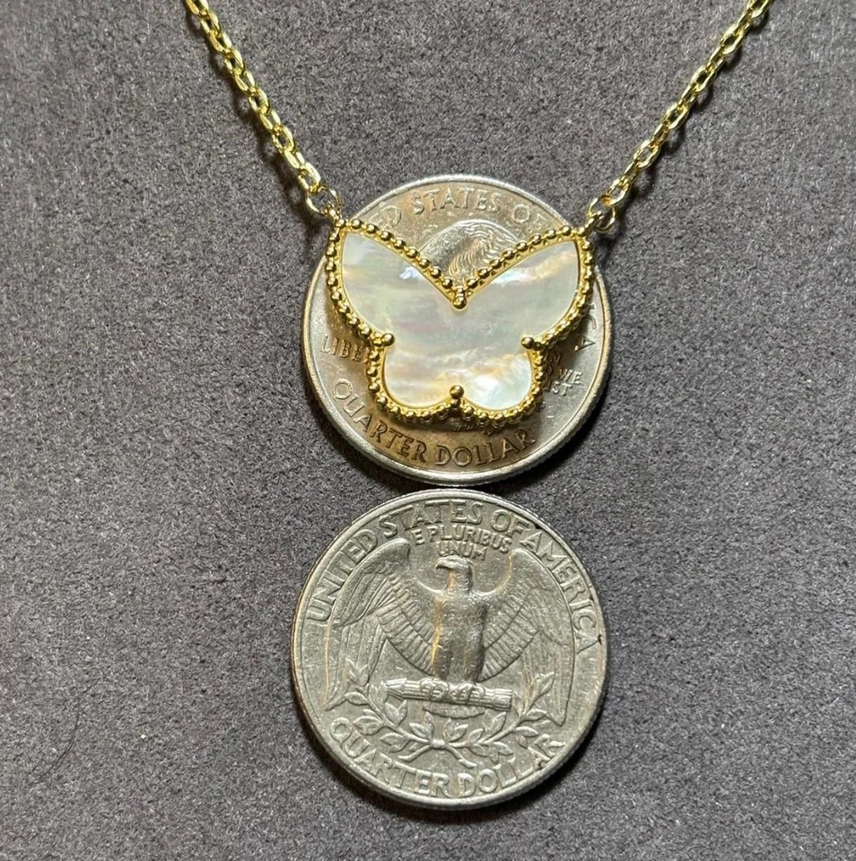 Butterfly Necklace, Large Pendant, 18k Yellow Gold, White Mother of Pearl, New - Image 4 of 4