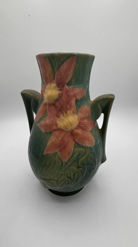Pair of Vintage Roseville Pottery Clematis Vase 108-8 in  Double Handles 8.5" T