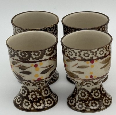 Set of 4 Hand Painted Ceramic Egg Cups Brown Floral Folk Art Pedestal Holders