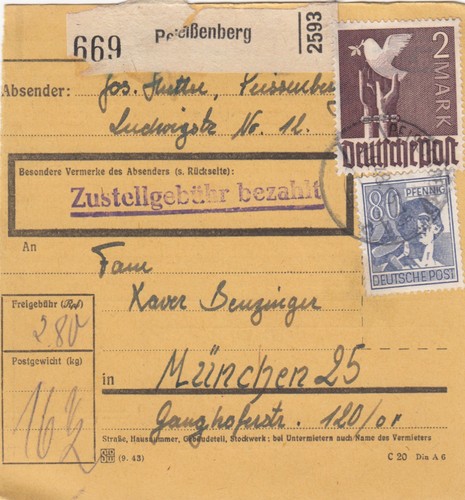 Paketkarte 1948: Peißenberg nach München