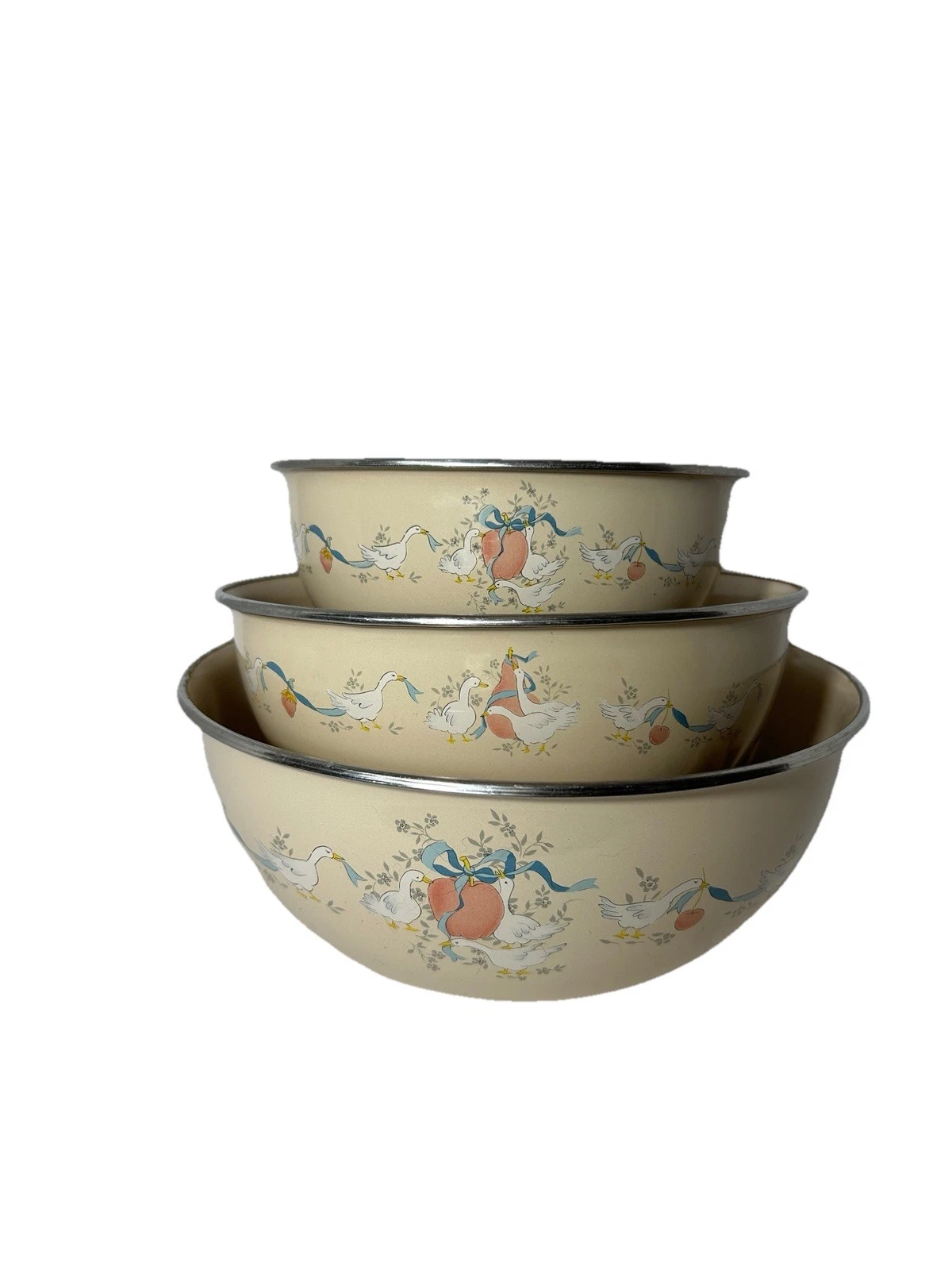 Vintage Marmalade Enamelware Nesting Mixing Bowl Set 3 Pc Goose Peach Farmhouse