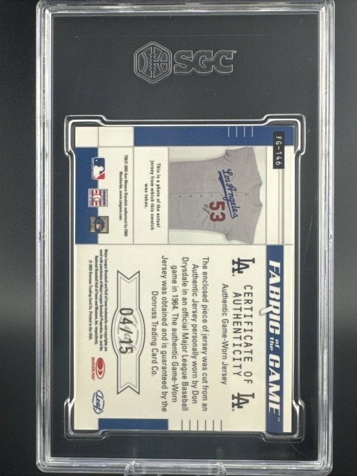 2003 Leaf Certified #FG-146 Don Drysdale Fabric of the Game 4/15 🔥 SGC 9 POP 1! - Image 2 of 2