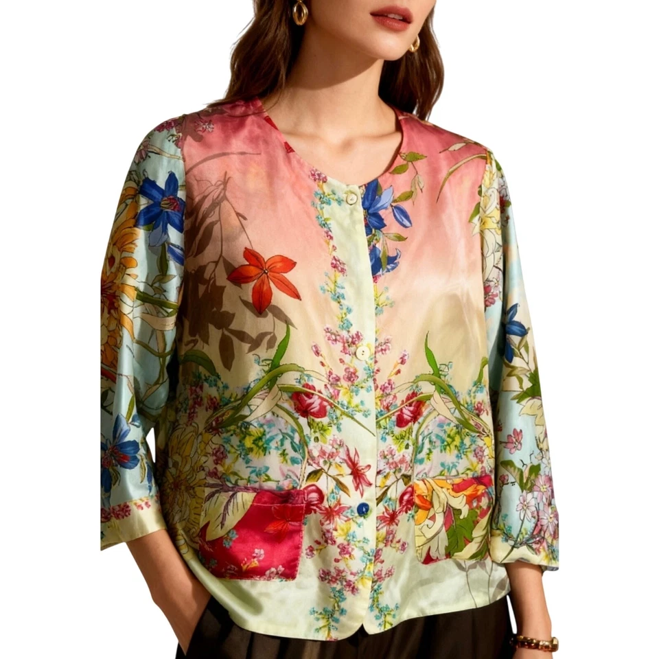 Johnny Was Silk Mizumi Floral Print Reversible Button up Top Multicolor XS - Image 2 of 4