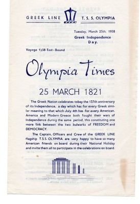 1950s - T. S. S. Olympia Greek Lines Newspaper March 25 Cruise Ship - XL2B