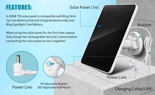 10ft cable-7W-5V Solar Panel Charger for Ring Camera Spotlight & Stick Up Cam - Picture 4 of 41