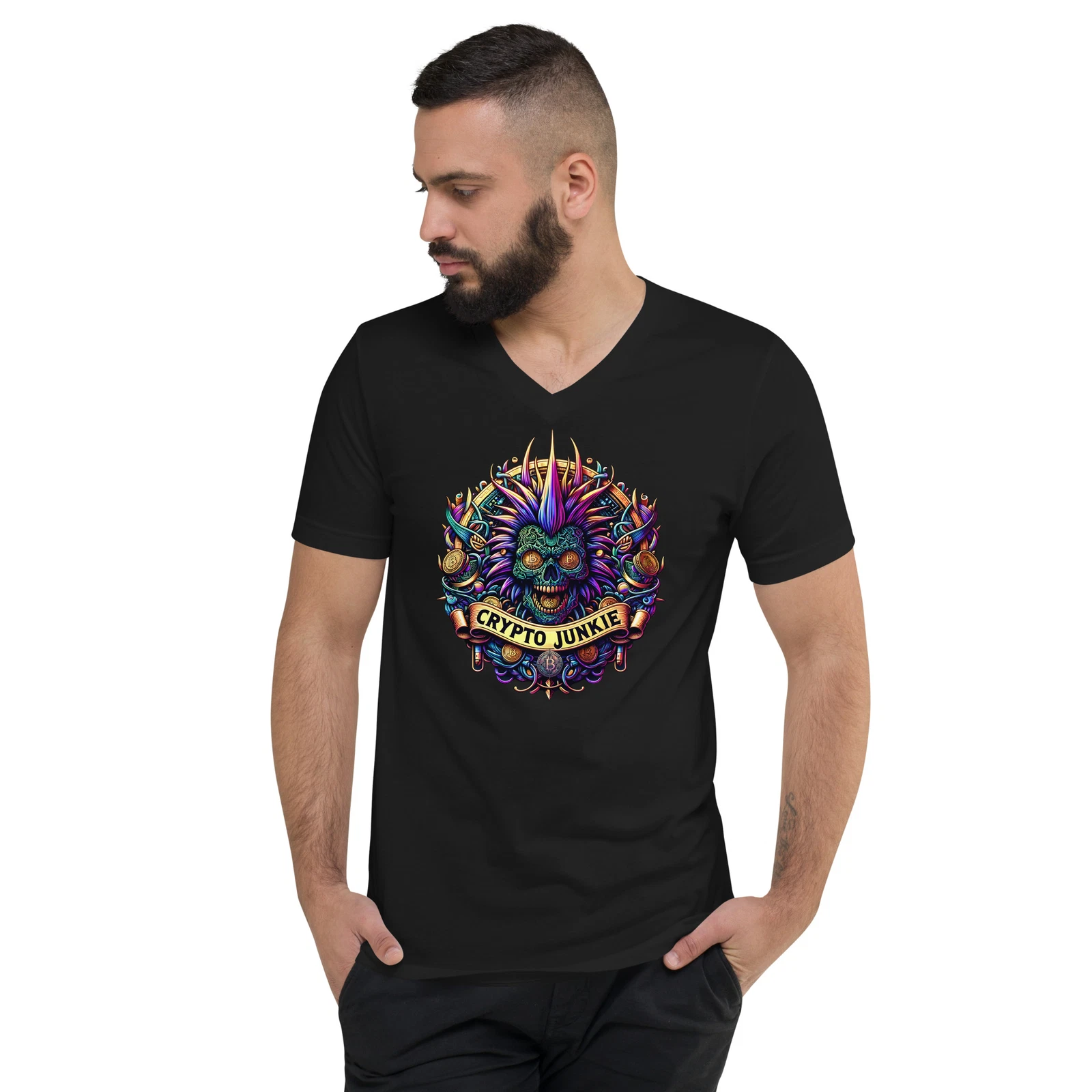 Bitcoin Punk Rock Skull Crypto Junkie Digital Asset Short Sleeve V-Neck T-Shirt