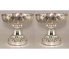 Compote Bowl Vase Glass Silver Mercury Leaf 8"Dia 7.5"High Set/2