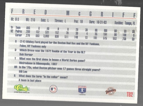 1993 Series Classic Fred McGriff T62 Trivia Game San Diego Padres - Bild 7 von 8