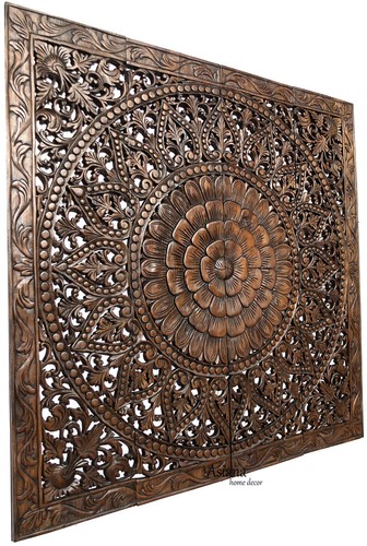 Large Squre Carved Wood Floral Wall Art Panel.Tropical Home Decor Asian 48" - Picture 2 of 5
