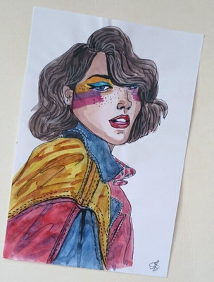 Portrait handmade girl Original Art Watercolor  8x5.5'' Painting Stylized