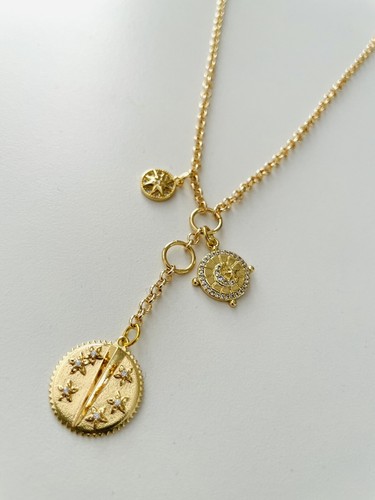 Collar de cadena Belcher Rolo dorado micro pavé circonita cúbica estrella luna dijes Lariat - Imagen 4 de 4