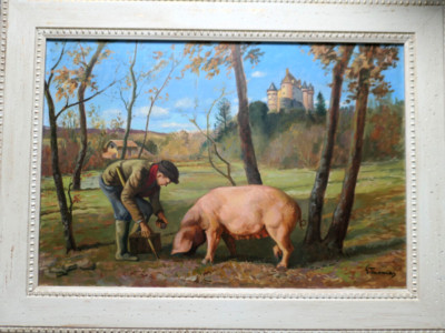 G. Thomas (XX) Großes Öl auf Leinwand. Trüffeljäger, Perigueux