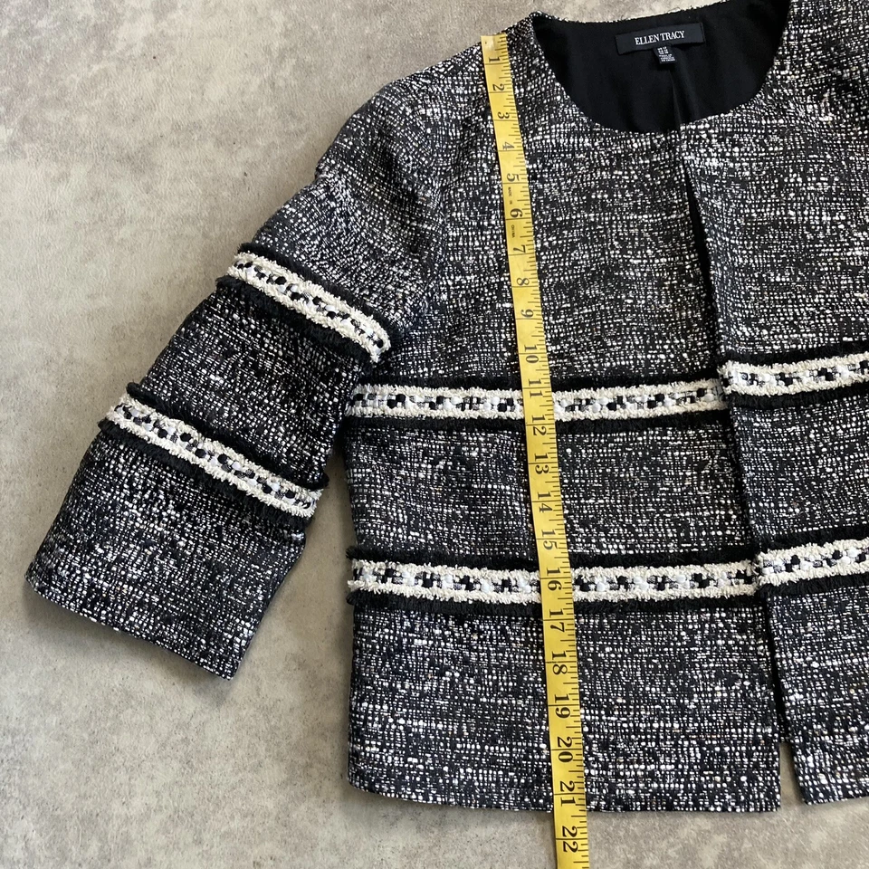 Blazer Ellen Tracy Mujer Talla 12 Negro Blanco Oficina Frente Abierto Corto Manga 3/4 Foto 4 de 4