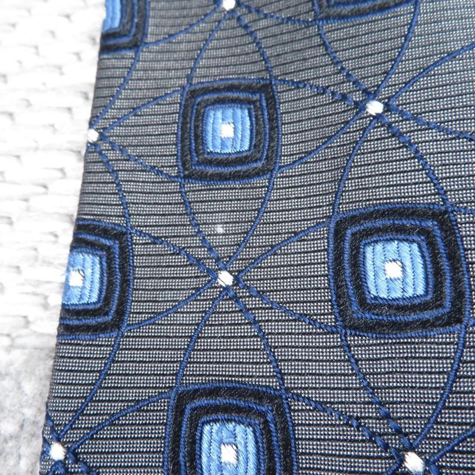 Vintage Hickey Freeman Tie Dark Grey/Blue Jacquard Medallion Made In USA Silk - Image 3 of 4