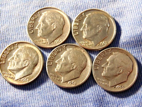 Lot of 5 Silver Roosevelt Dimes 1964p-63d-63d-62d-59p  - unc,/cir. AS6