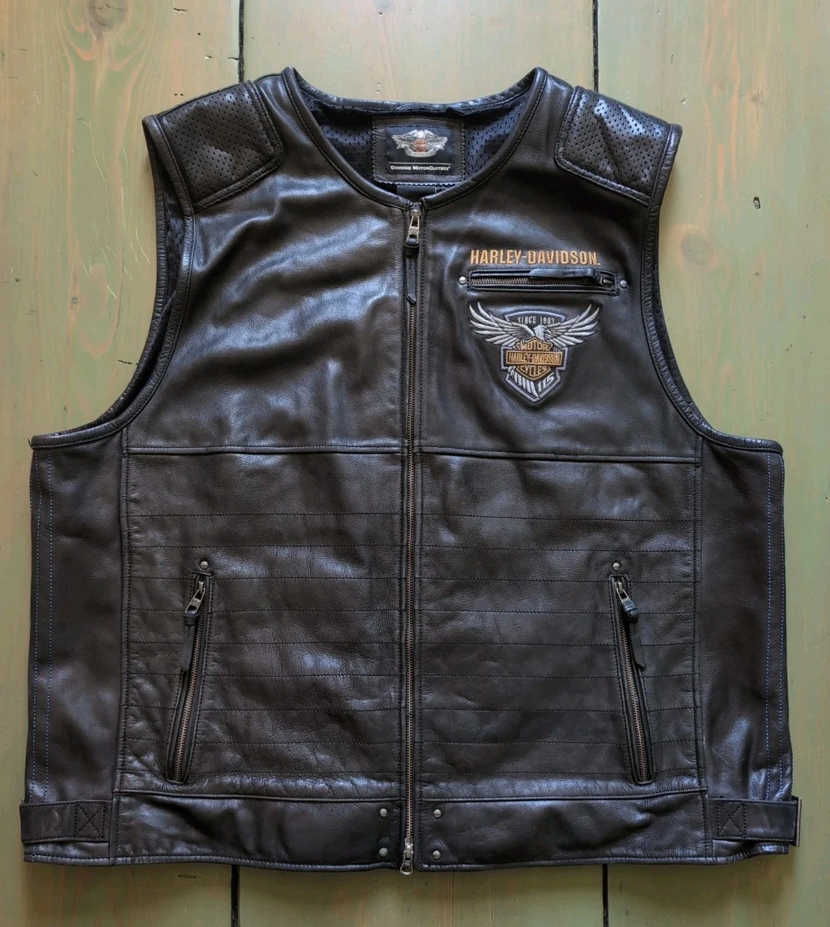 Harley Davidson 4XL Mens 115TH ANNIVERSARY Black Leather Motorcycle Vest | *READ