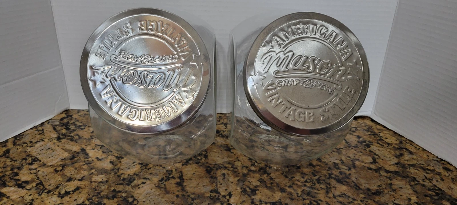 Pair of Americana Mason Craft & More Vintage Style Canister w/ metal lid