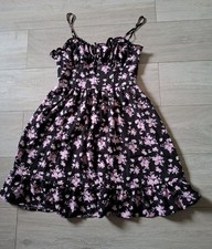Shein Black Floral Strappy Dress Silky Flared Frilled Holiday Party Retro UK10