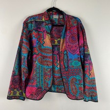 Chicos Silk Quitted Paisley Jacket Size 2 US Large Funky Art to Wear Open Front