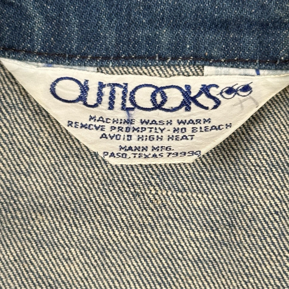 Chaqueta vaquera Outlooks azul años 70 de colección para mujer talla L parches en el codo hebilla a medida EE. UU. Foto 3 de 4