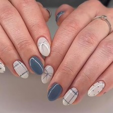 Short Oval Press on Nails Fall Fake Nails Dark Blue False Nails Glossy Style-24