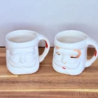 Vintage Santa Face Milk Glass Mugs Set 2 Christmas Holiday Cups
