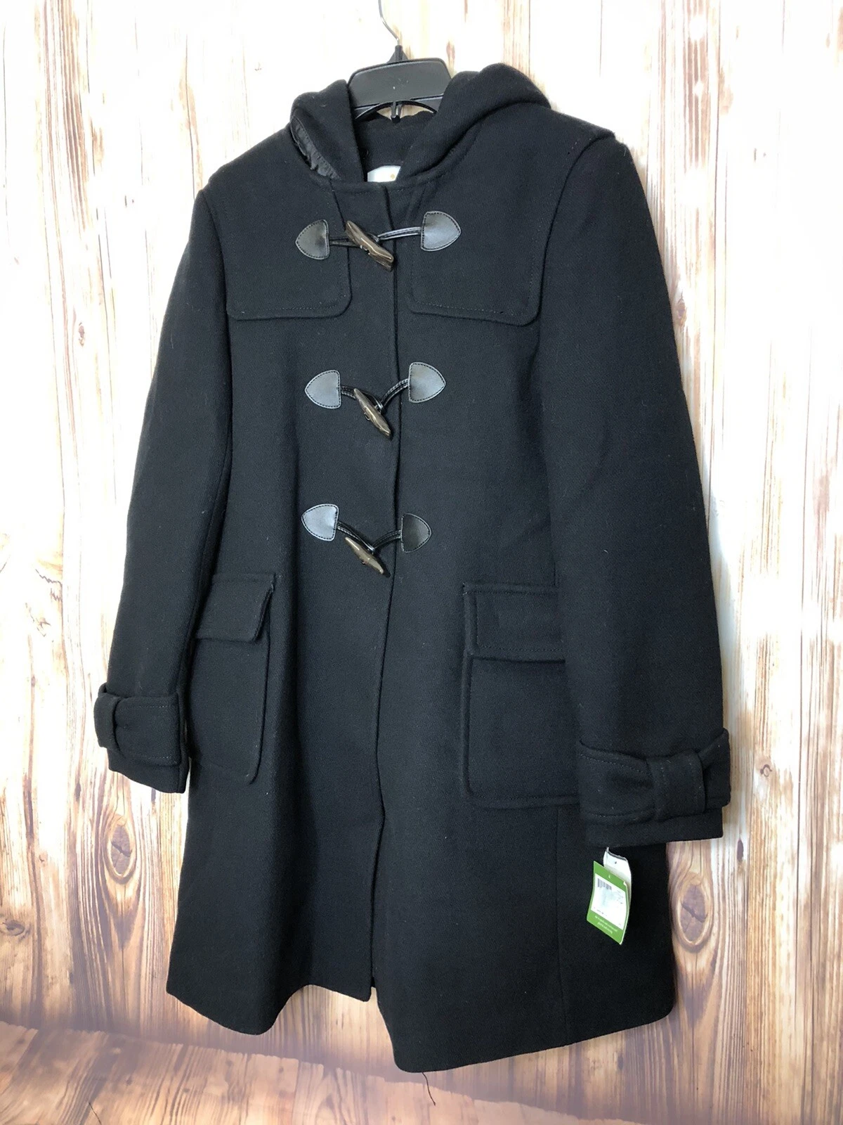 Cappotto nuovo con etichette Kate Spade K26721 lana con cappuccio rimovibile taglia L nero $458